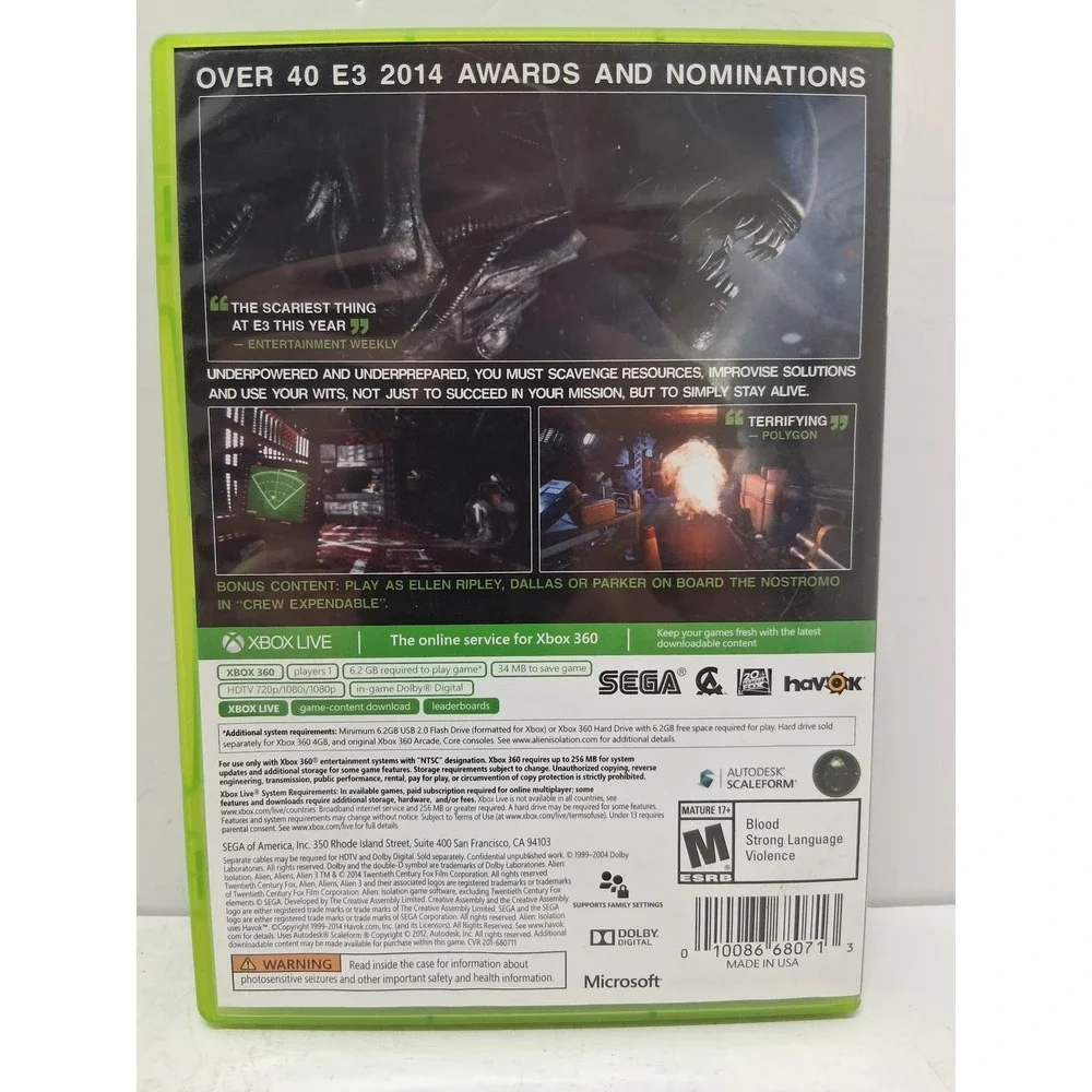 Alien Isolation Nostromo Edition Xbox 360 Sega 2014 Horror Game 2-Disc Set